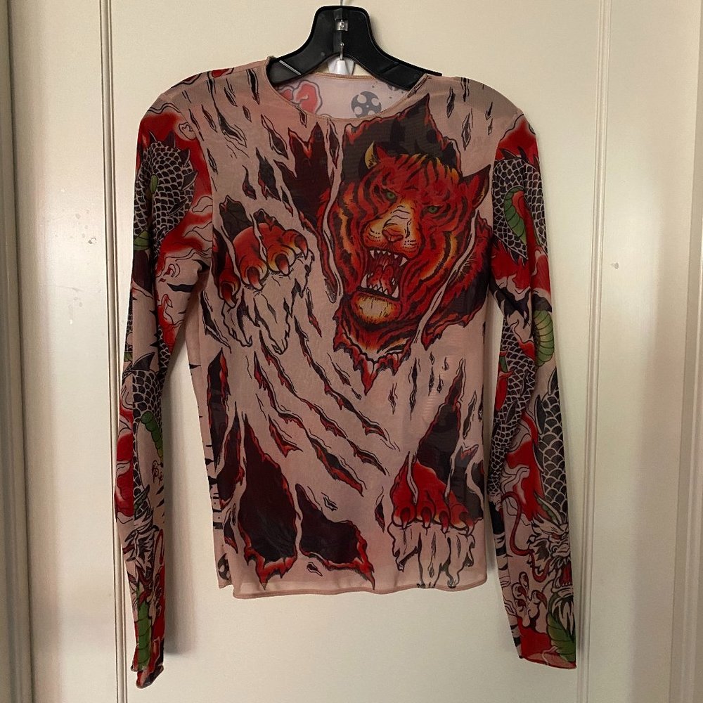 Women's Sheer Multicolor Graphic Long Sleeve Top